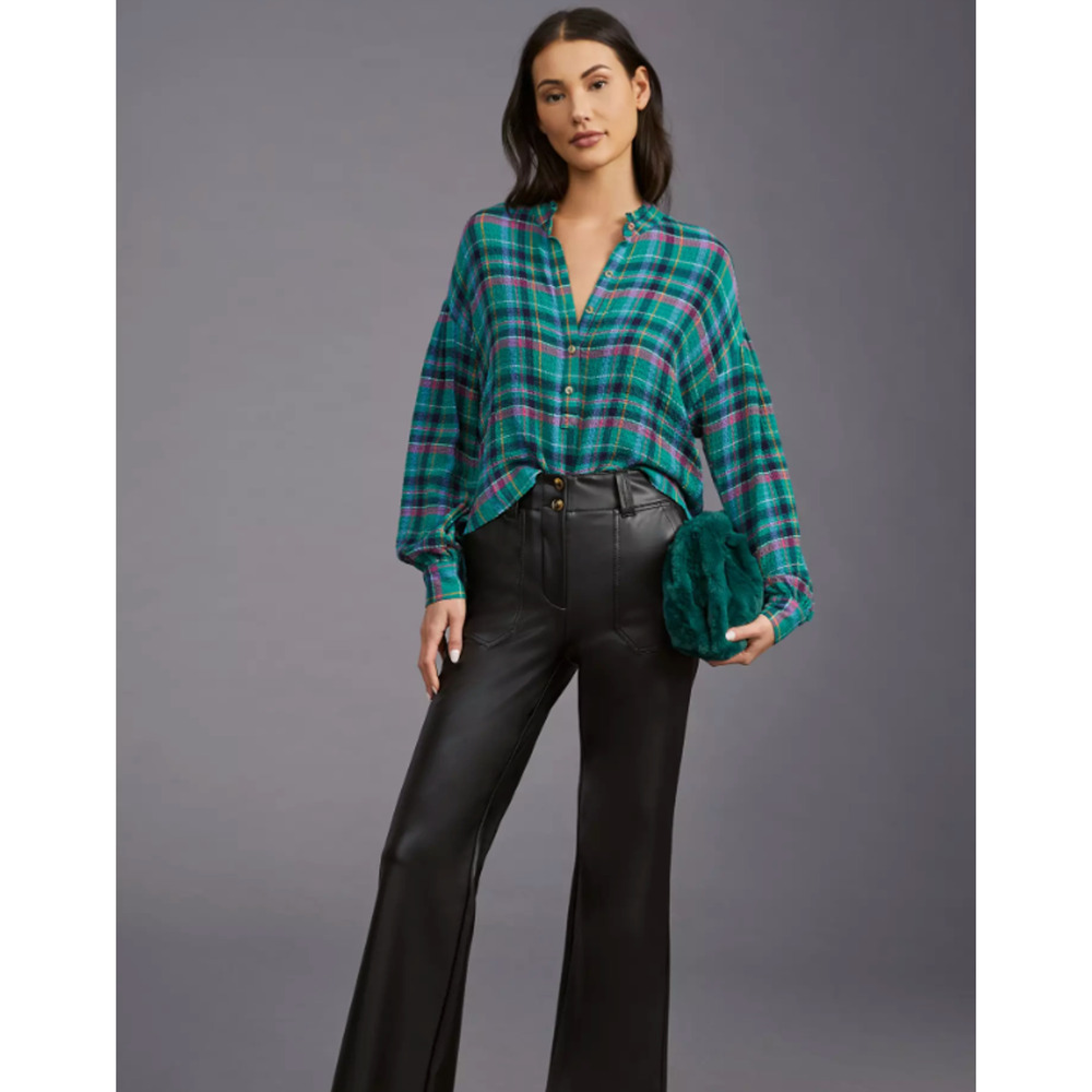 Anthropologie Pilcro Cropped Puff-Sleeve Soft Crinkle Green Plaid Blouse Small - Picture 3 of 8
